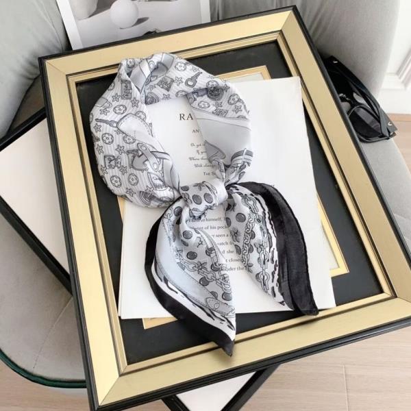 KEY & FLOWER PATTERN SILKY BANDANA SQUARE NECK SCARF