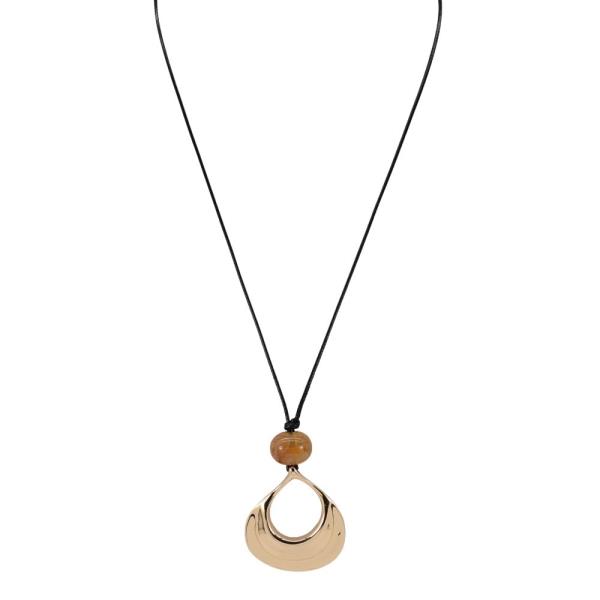 BLACK CORD GLASS METAL TEARDROP PENDANT LONG NECKLACE