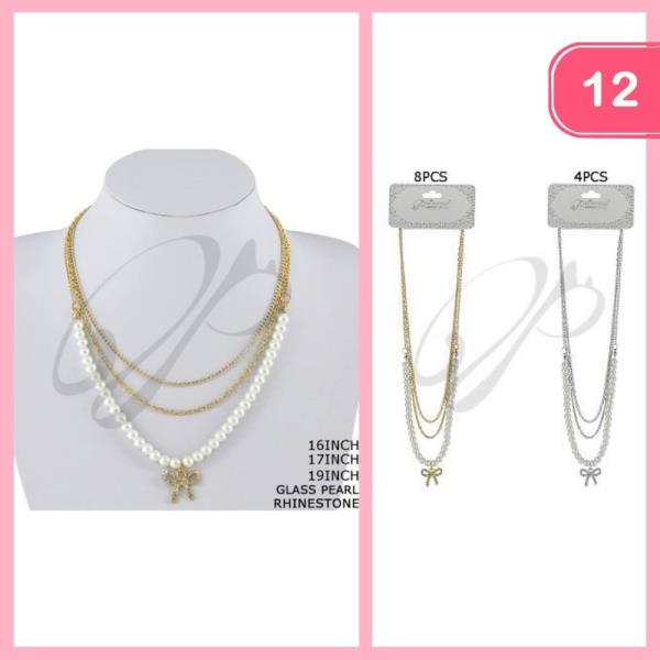 GLASS PEARL RHINESTONE LAYERED BOW PENDANT NECKLACE (12 UNITS)