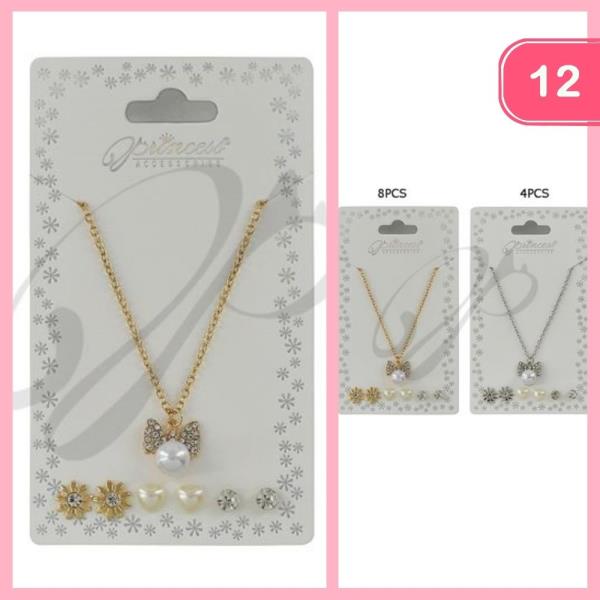 RHINESTONE BOW PEARL NECKLACE POST EARRING SET (12 UNITS)
