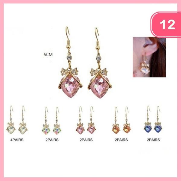 RHINESTONE HEART BOW DANGLE EARRINGS (12 UNITS)