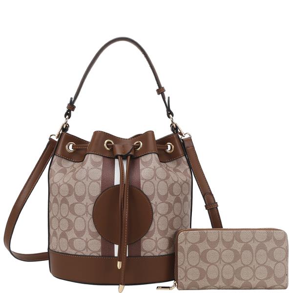 2IN1 OVAL PRINT BUCKET HANDLE SATCHEL W WALLET SET
