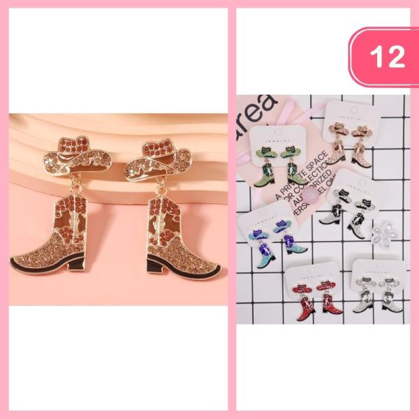 RHINESTONE COWBOY HAT BOOTS DANGLE EARRINGS (12 UNITS)