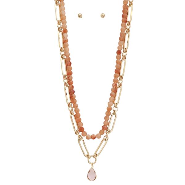 LAYER COLOR BEAD LINK CHAIN CRYSTAL PENDANT NECKLACE EARRING SET