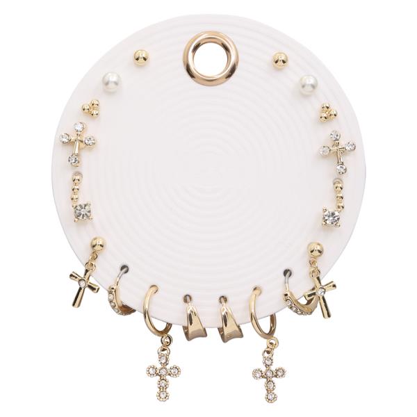 CROSS METAL RHINESTONE PEARL MIX EARRING SET