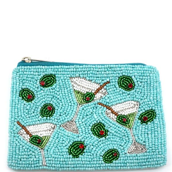 SEED BEAD MARTINI GLASS AND OLIVE COIN PURSE BAG