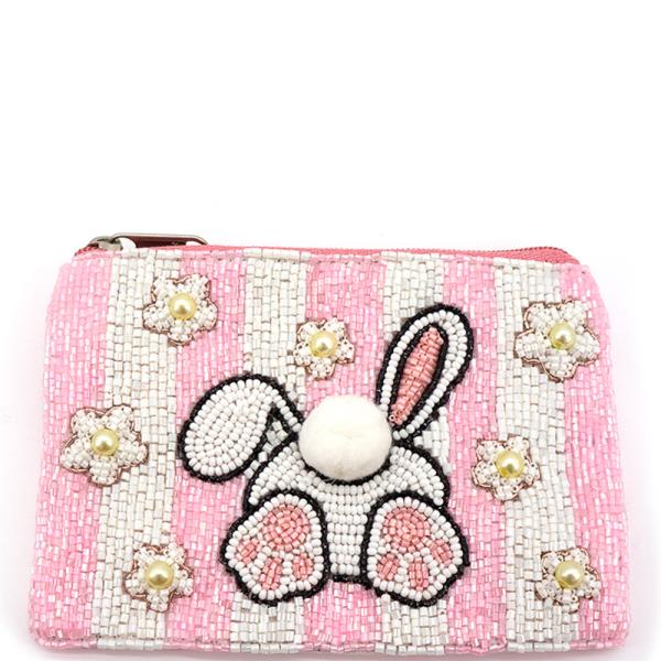 SEED BEAD EASTER BUNNY FLOWER COIN PURSE BAG