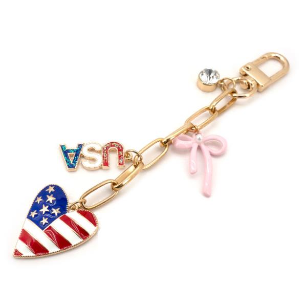 ENAMEL USA FLAG HEART RIBBON CHARM BAG CHARM KEYCHAIN