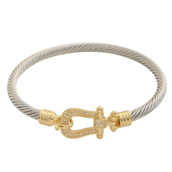 TWO TONE TWIST CABLE OVAL CLASP BANGLE BRACELET