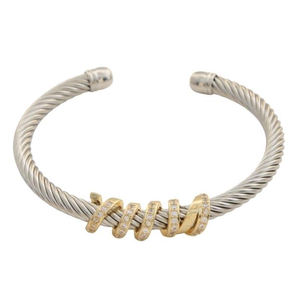 TWO TONE TWIST CABLE PAVE BAR CUFF BRACELET