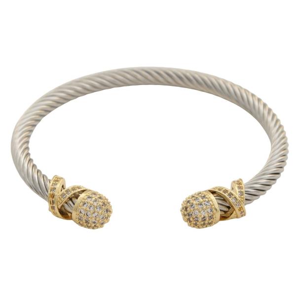 TWO TONE TWIST CABLE PAVE BALL CUFF BRACELET