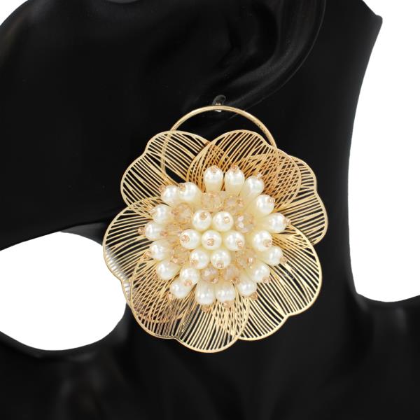 METAL PEARL FLORAL DISC STATEMENT EARRING