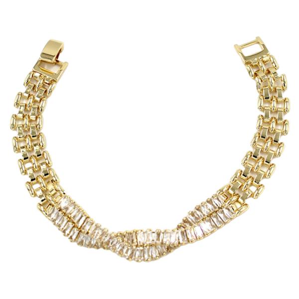 RHINESTONE BAGUETTE LINK FOLD-OVER CLASP LINK BRACELET.