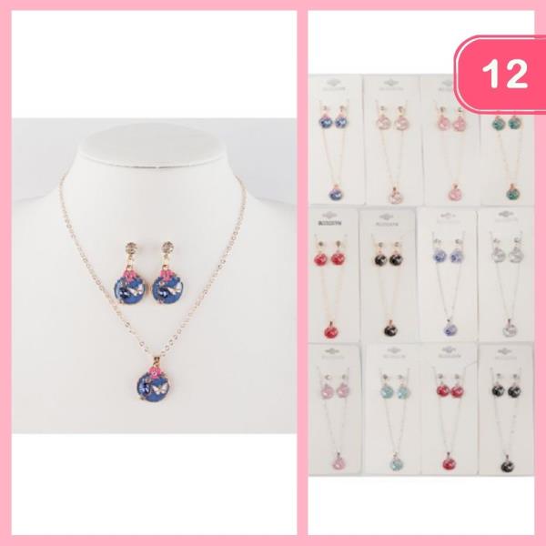 BUTTERFLY CIRCLE PENDANT NECKLACE EARRING SET (12 UNITS)