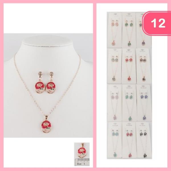ROUND ROSE PENDANT NECKLACE EARRING SET (12 UNITS)