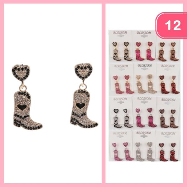 RHINESTONE HEART WESTERN BOOT DANGLE EARRINGS (12 UNITS)