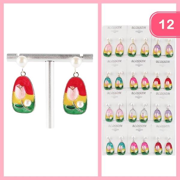 FLOWER PEARL MULTI COLOR POST DANGLE EARRING (12 UNITS)
