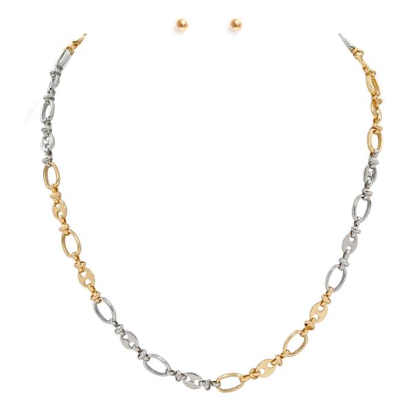 METAL TWO TONE LINK NECKLACE EARRING SET