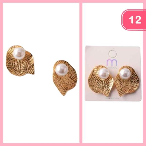 PEARL SCRATCHED LEAF BACK EARRING