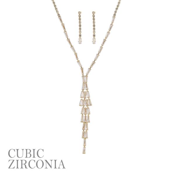 CZ RHINESTONE TRAPEZOID Y NECKLACE EARRING SET