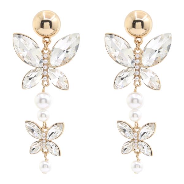 METAL CRYSTAL PEARL BUTTERFLY DROP EARRING
