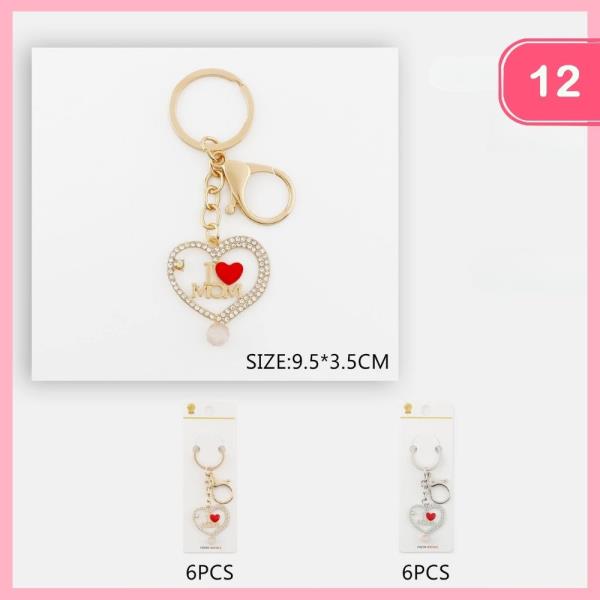 RHINESTONE HEART I LOVE MOM KEYCHAIN (12 UNITS)