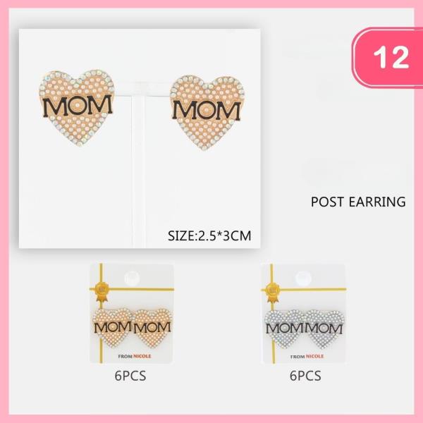 RHINESTONE HEART MOM POST EARRING (12 UNITS)