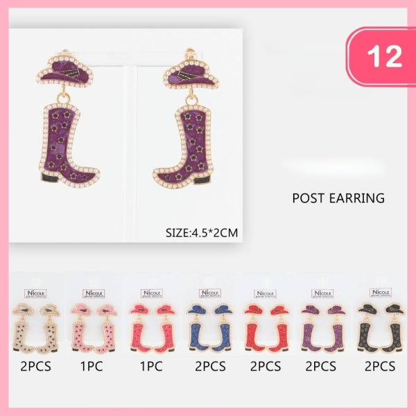 WESTERN RHINESTONE HAT BOOT STAR PATTERN EARRINGS (12 UNITS)