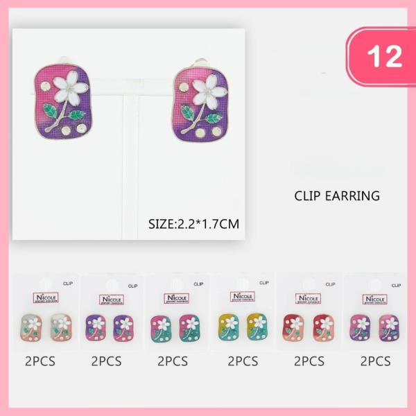 ENAMEL RHINESTONE FLOWER POST CLIP ON EARRING (12 UNITS)