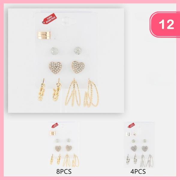RHINESTONE HEART POST HOOP EARRINGS SET (12 UNITS)