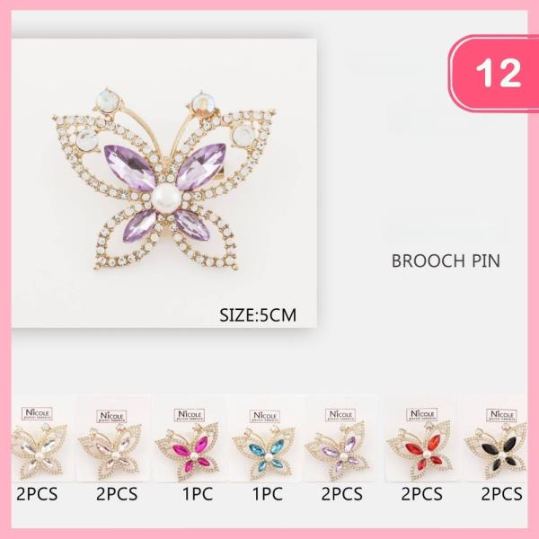 RHINESTONE BUTTERFLY BROOCH PIN (12 UNITS)