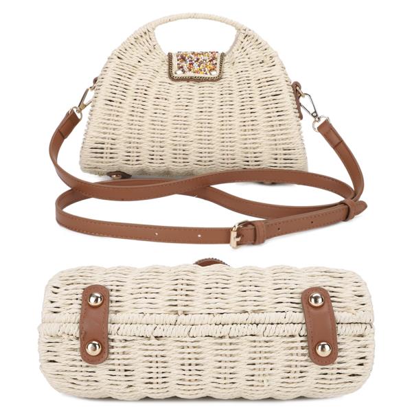 STYLISH BEADED STRAW HANDLE SATCHEL BAG