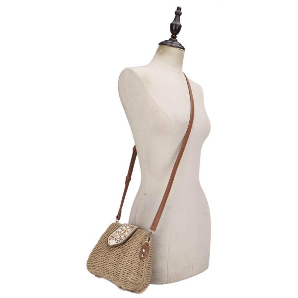STYLISH BEADED STRAW HANDLE CROSSBODY BAG