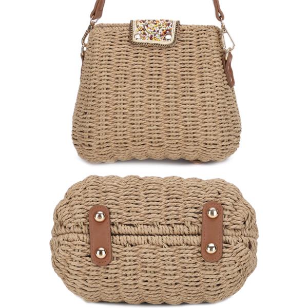 STYLISH BEADED STRAW HANDLE CROSSBODY BAG
