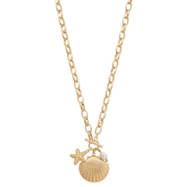 METAL STARFISH SHELL PEARL CHARM NECKLACE