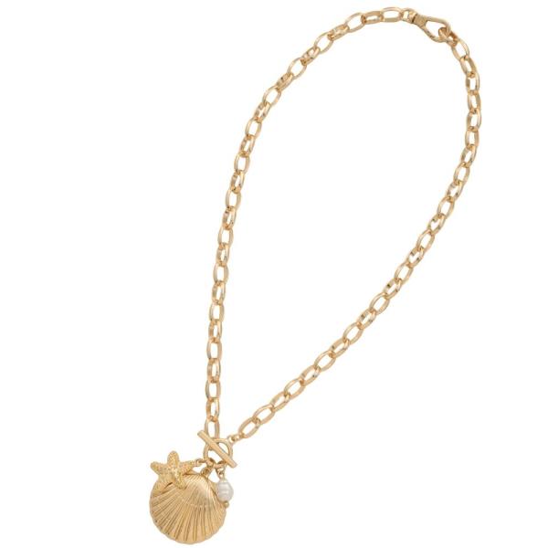METAL STARFISH SHELL PEARL CHARM NECKLACE