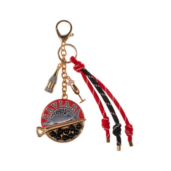 CAVIAR SHAPED ENAMEL W/ OTHER CHARMS & ROPE BAG CHARM