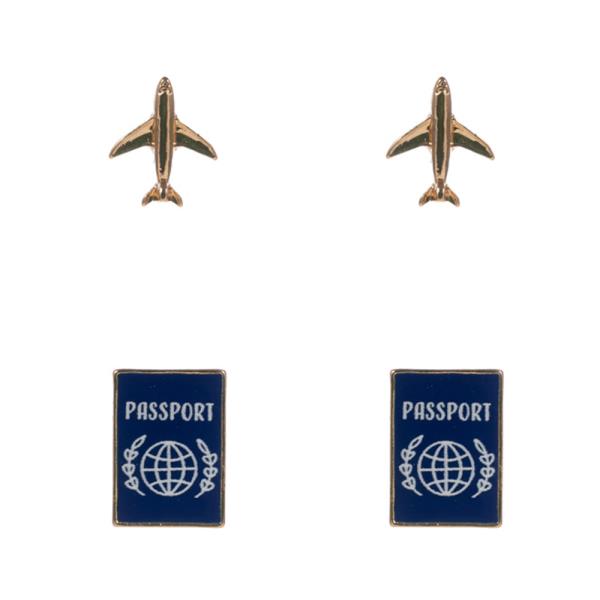 PASSPORT W/  METAL AIRPLANE 2 SET HYPOALLERGENIC POST EARRINGS