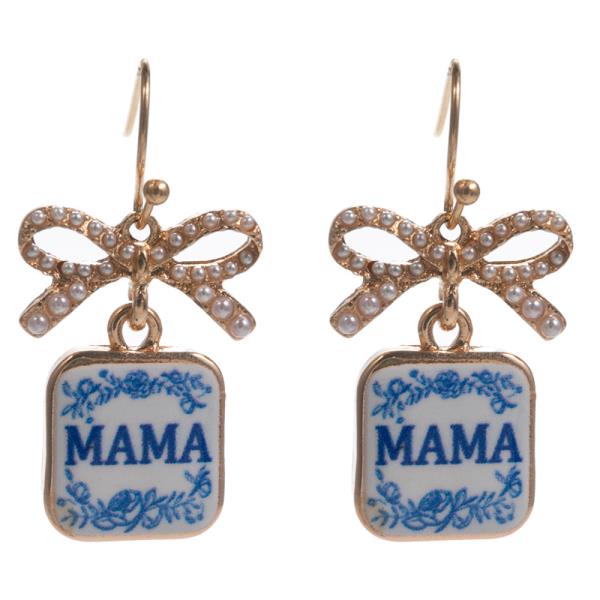 BOW SHAPED PEARL PAVE POST W/ MAMA PRINTED DANGLE EARRINGS