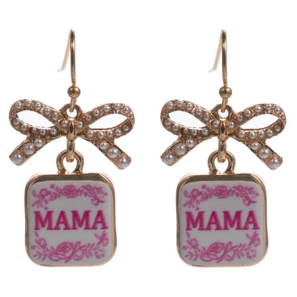 BOW SHAPED PEARL PAVE POST W/ MAMA PRINTED DANGLE EARRINGS