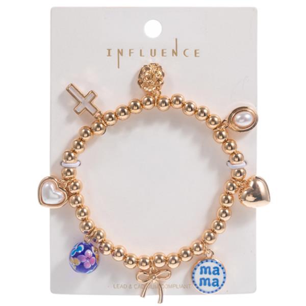 MAMA PRINTED CHARM W/ MIXED CHARMS  STRETCH BRACELET