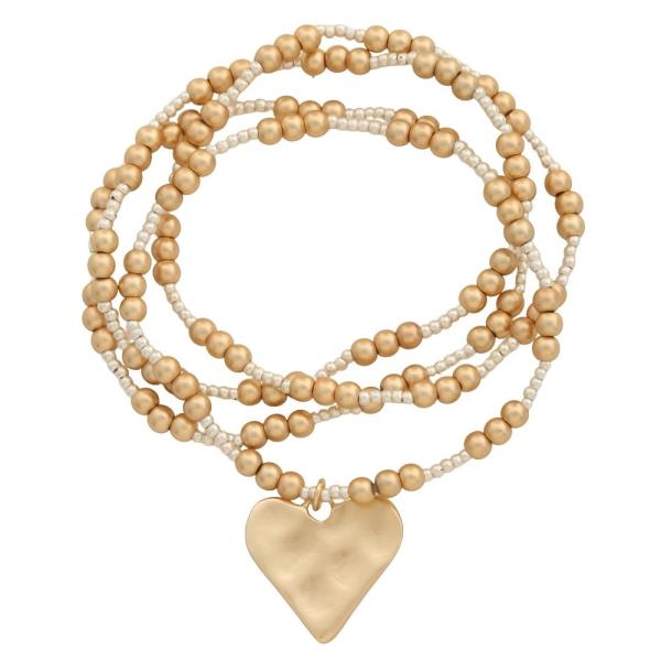 LAYERED BEADED HEART CHARM STRETCH BRACELET SET