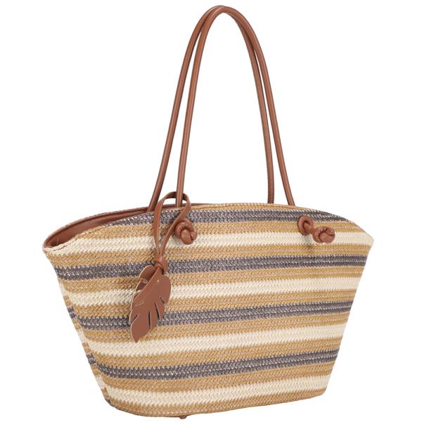 STRIPED STRAW DESIGN CHIC SHOULDER TOTE BAG