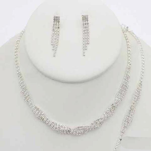 RHINESTONE MULTI STRAND NECKLACE EARRING BRACELET SET