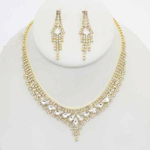 RHINESTONE FRINGE V NECKLACE EARRING SET