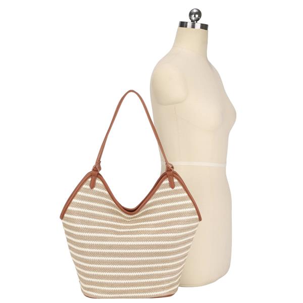 STRIPED CURVE STRAW DESIGN SHOULDER TOTE BAG