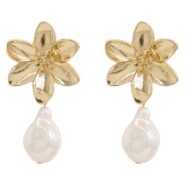 FLOWER METAL PEARL DANGLE EARRING
