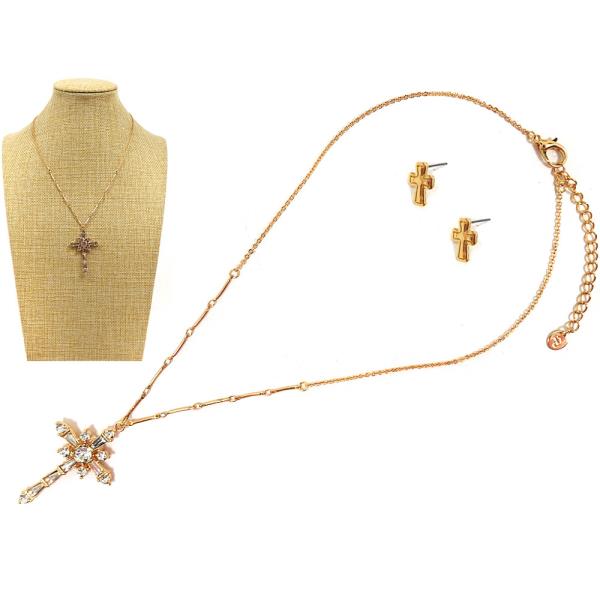 CROSS W STONE NECKLACE EARRING SET