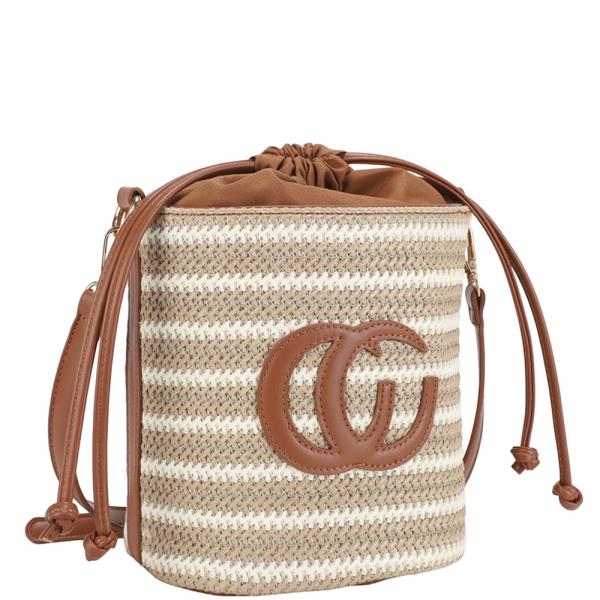 STRIPED STRAW DESIGN DRAWSTRING CROSSBODY BAG
