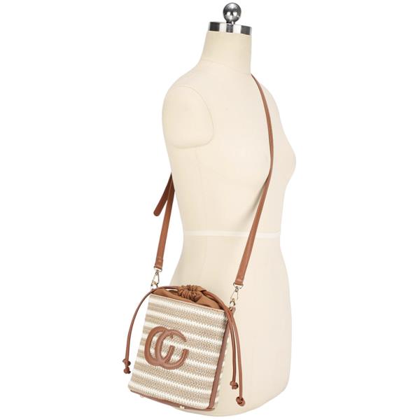 STRIPED STRAW DESIGN DRAWSTRING CROSSBODY BAG
